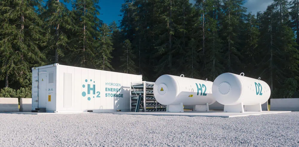 Hydrogen energy storage facility in forest setting.